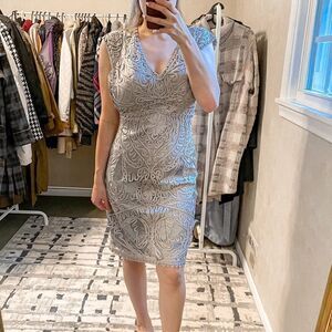 Sue Wong Embroidered Cocktail Dress Silver 6